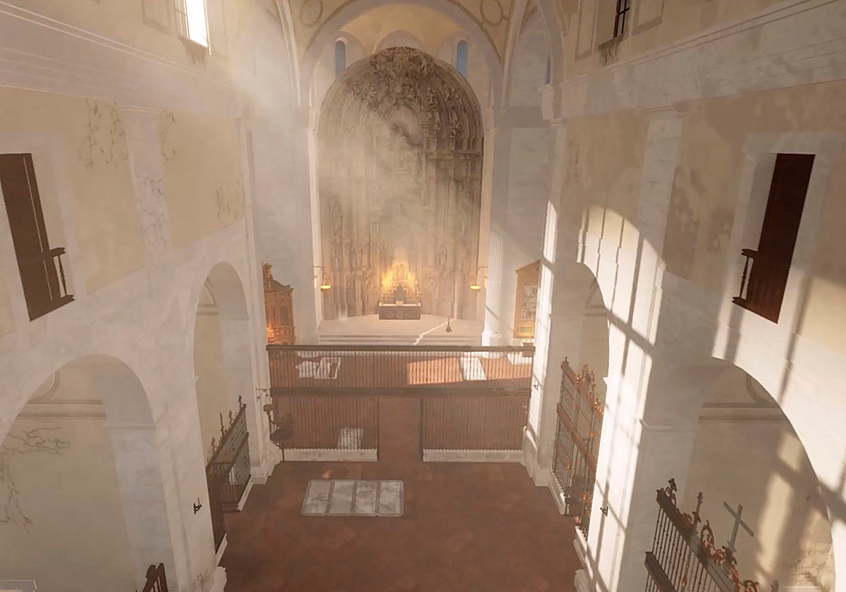Recreación virtual del interior de la iglesia de San Agustín, desde el coro a la cabecera.