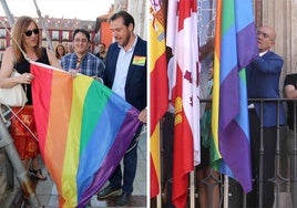 Puente y Carnero, uno como alcalde y otro como presidente de la Diputación, izan la bandera arcoíris en el Ayuntamiento (2017) y en la sede de la institución provincial (2016).