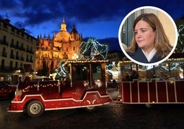 Tren turístico navideño en la Plaza Mayor; en pequeño, la portavoz socialista Clara Martín.