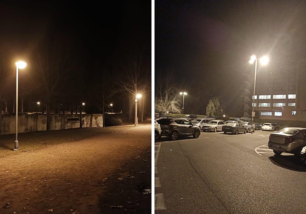 Las farolas alumbran el interior del parque Isla Dos Aguas y la zona del aparcamiento, este viernes.