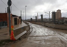 Las pilastras del viaducto se levantan próximas a la vía y a las casas del Camino Viejo de Husillos.