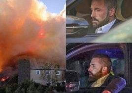 Een Affleck, desolado en su coche, mientras ve como las llamas se acercan a su mansión.