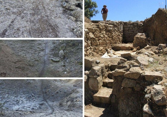 A la izquierda, tres muestras de rodadas descubiertas al inicio de este año; a la derecha, visita al yacimiento del Cerro de los Almadenes.