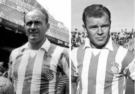 Alfredo Di Stéfano (izquierda) prolongó su dilatada carrera deportiva hasta los 40 años en el Espanyol. Ladislao Kubala (derecha), con la elástica del Espanyol después de 11 temporadas en el F.C. Barcelona.