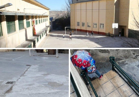 Arriba, niños jugando en un patio del centro, y abajo detalles de desperfectos como los baches en el suelo y charcos en la rampa incompleta.