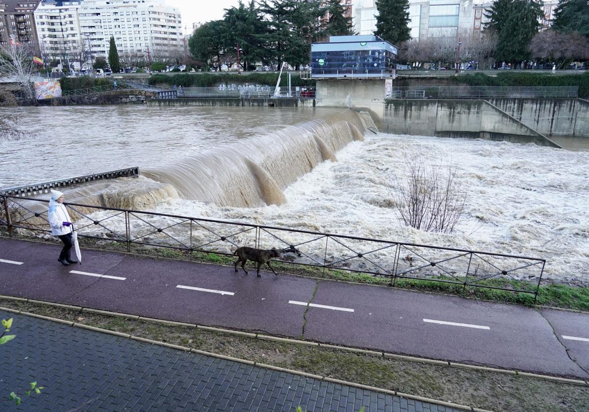 Crecida del río Bernesga a su paso por León, este lunes.