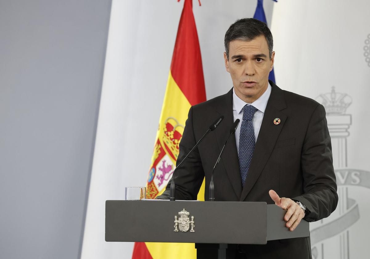 El presidente del Gobierno, Pedro Sánchez, durante la comperecenciade ayer en Moncloa.