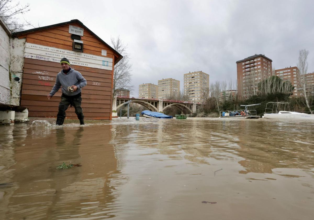 Estado del Pisuerga bajo el puente de Poniente, donde cubre sus paseos inferiores en torno a la caseta de los Amigos del Pisuerga.