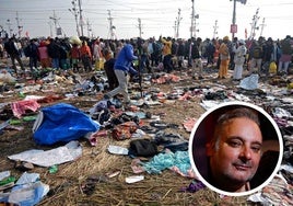 Horas después de la estampida en el Kumbh Mela. En el círculo, el vallisoletano Marco Negroni.