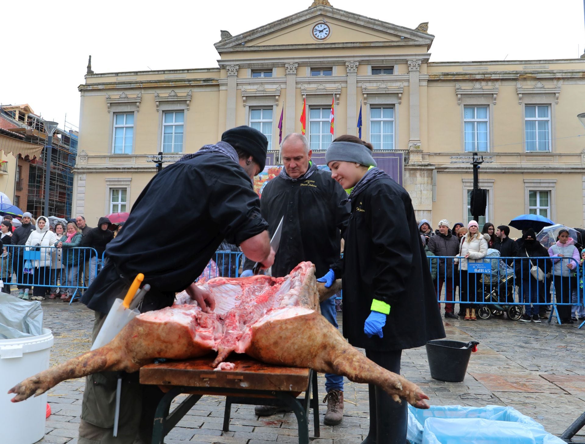 Una clase de labores del despiece del cerdo en la Plaza Mayor