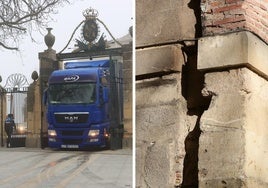 A la izquierda, el camión intentando acceder al Alcázar; a la derecha, los daños causados en la Puerta de San Cebrián.