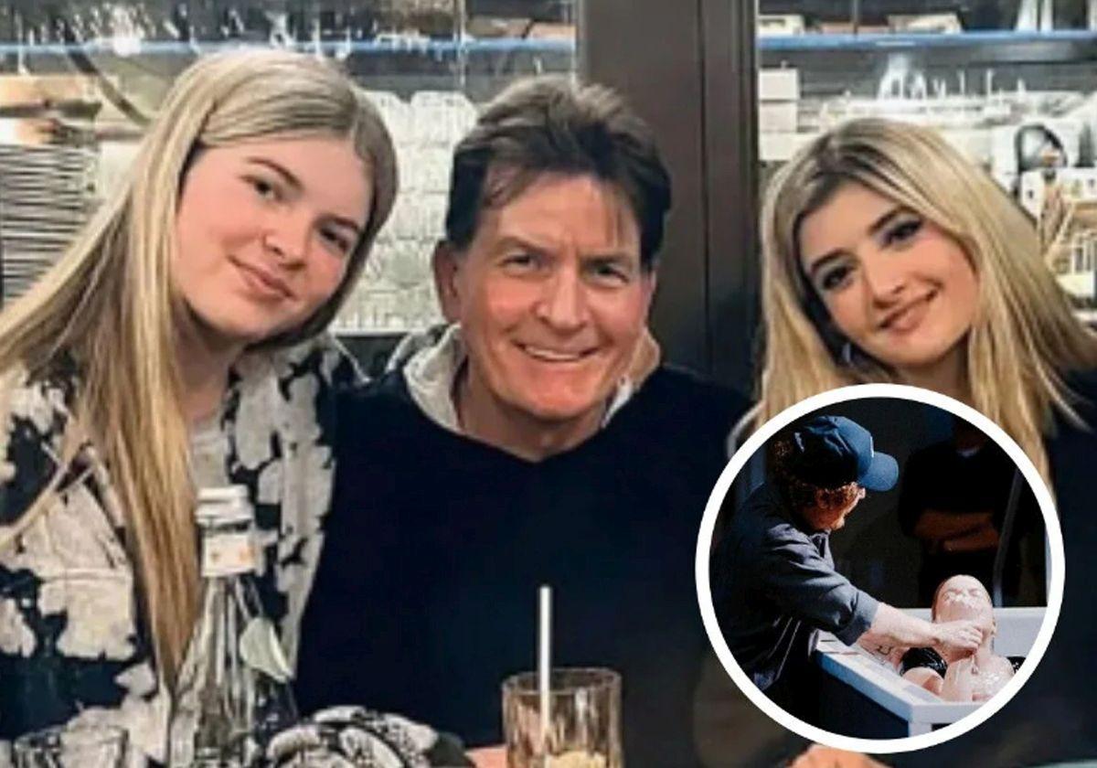 Charlie Sheen con su hijas y en la imagen inferior el momento en el que fue bautizada Lola.