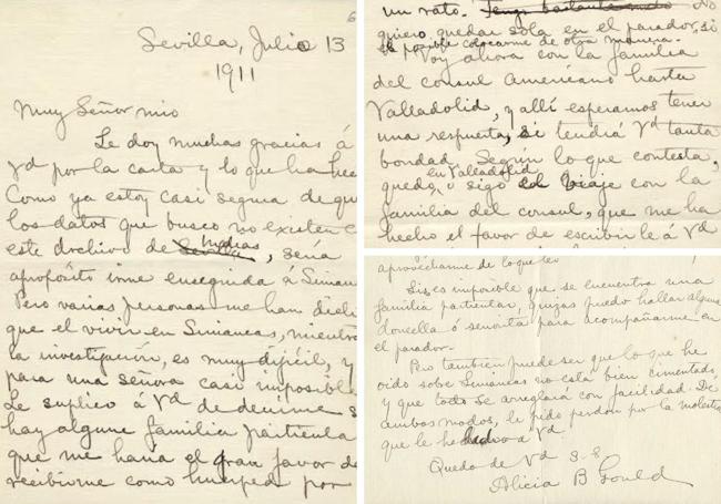 Carta enviada por Alice desde Sevilla en 1911 solicitando ayuda al director del Archivo de Simancas para encontrar alojamiento en la localidad.