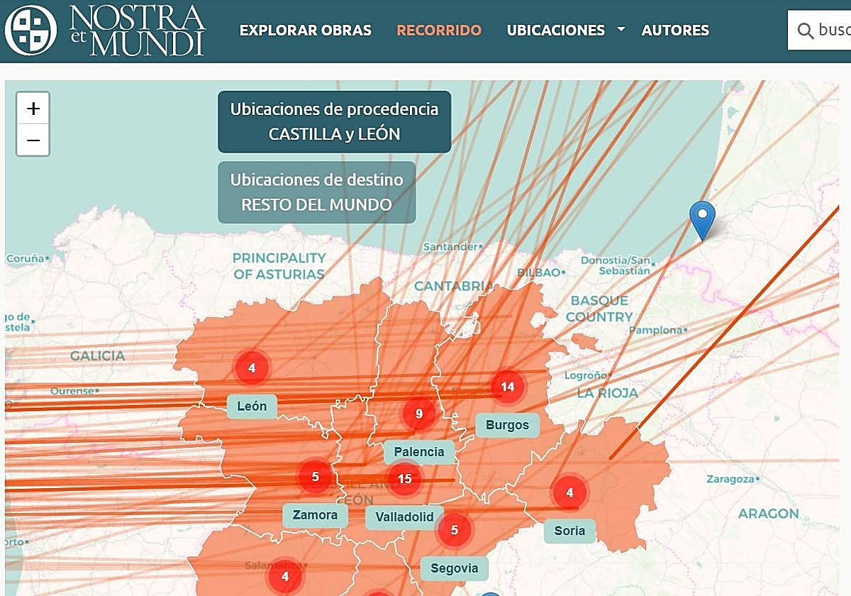 Página de Nostra et mundi en la que se muestran las ubicaciones de las 252 piezas de patrimonio 'emigrantes'.