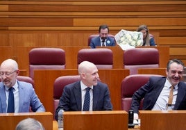 Los portavoces de Vox, en el hemiciclo. Detrás de ellos, los dos expulsados que han reclamado la paga correspondiente al mes de enero por parte del grupo parlamentario.