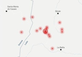 Mapa de los 14 terremotos que han sacudido La Cabrera de madrugada.