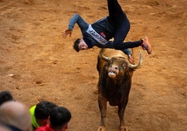 Momento de la cogida que sufrió un joven cortador de Cuéllar.