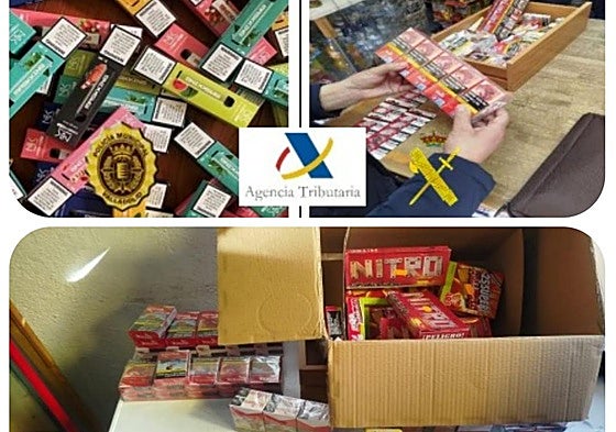 Cajetillas de tabaco y vapeadores requisados durante la operación.