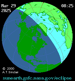 Gif elaborado por la NASA en el que se puede apreciar las zonas desde las que se verá el eclipse solar del mes de marzo.