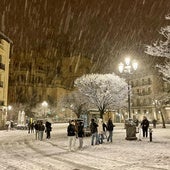 Decenas de personas juegan bajo la nieve en la Plaza Mayor de Segovia.