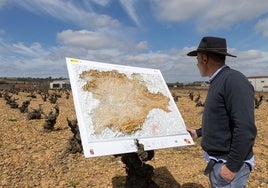 Bruno Criado del Rey Sáez, socio fundador y dueño de Tempranillo Wine Tours, en un majuelo de Cigales junto con el mapa topográfico de Castilla y León.