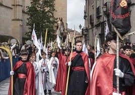 Cofrades de los Maristas abren paso a la Borriquilla a la salida de la Catedra.