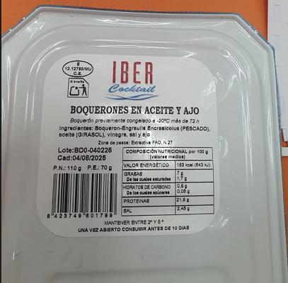 Lata de boquerones en aceite y ajo de Iber Cocktail que podría contener listeria monocytogenes.