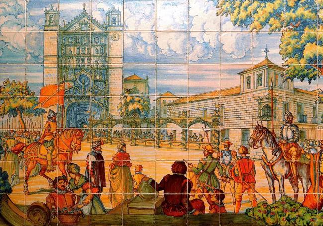 Escena que evoca el bautizo de Felipe Il con el palacio de Pimentel y la pasarela que lo unió con San Pablo, por J. Ruiz de Luna.