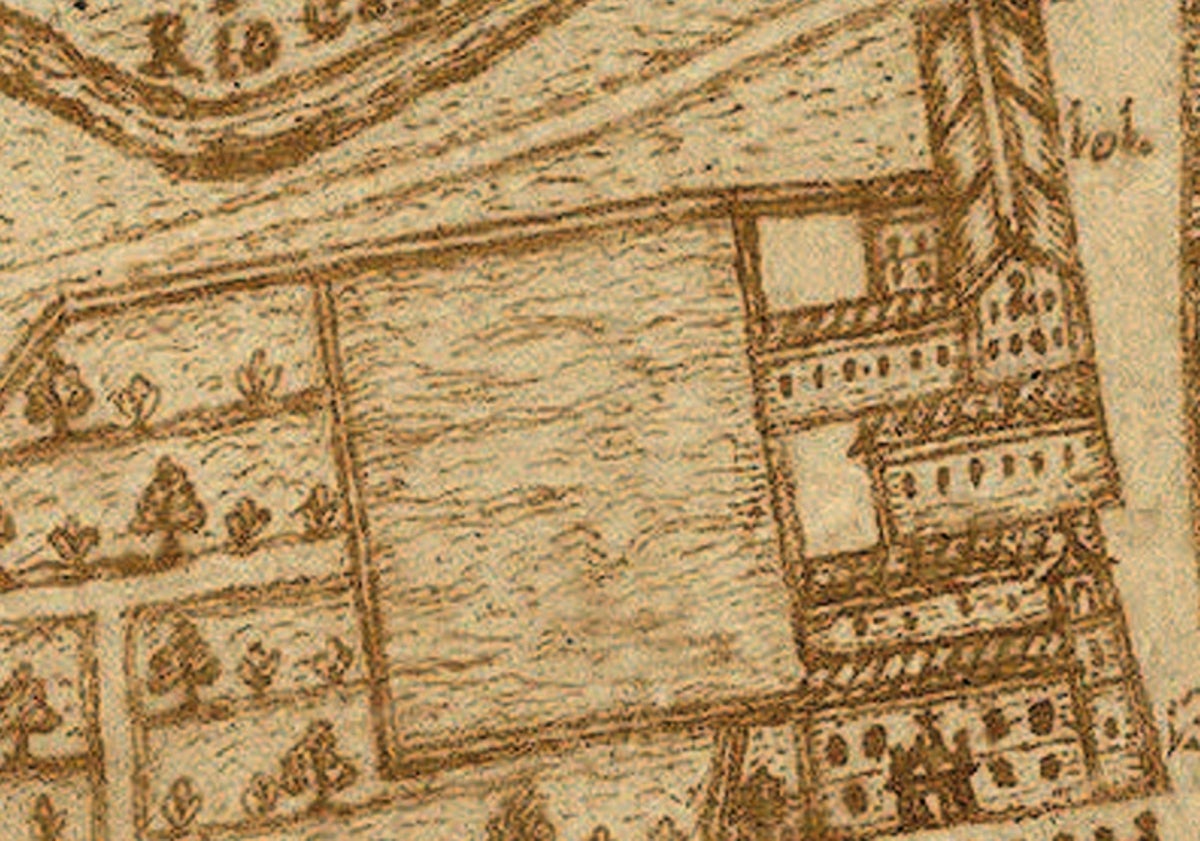 Imagen principal - Arriba, extracto del plano de Ventura Seco, de 1738, que muestra la calle de San Lorenzo, donde estaba la prisión de la ciudad. Abajo, página dedicada a Valladolid en el libro de John Howard, y su retrato.