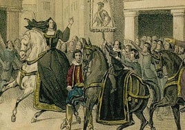 El obispo Antonio de Acuña y María de Pacheco animando la lucha comunera en Toledo, según un dibujo del siglo XIX.