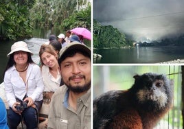 Ana Frechilla con sus alumnos en la visita a una laguna, la imagen del lugar en el que vive en Puerto Misahuallí y los monos chichicos.