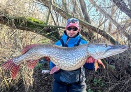 Sergio Rodríguez posa con el ejemplar de lucio de «casi 14 kilos» atrapado en Castilla y León.