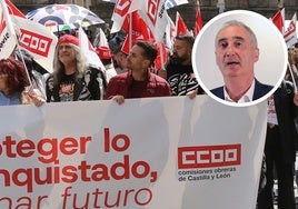 Óscar Sancho, durante la manifestación; en pequeño, José Mazarías.