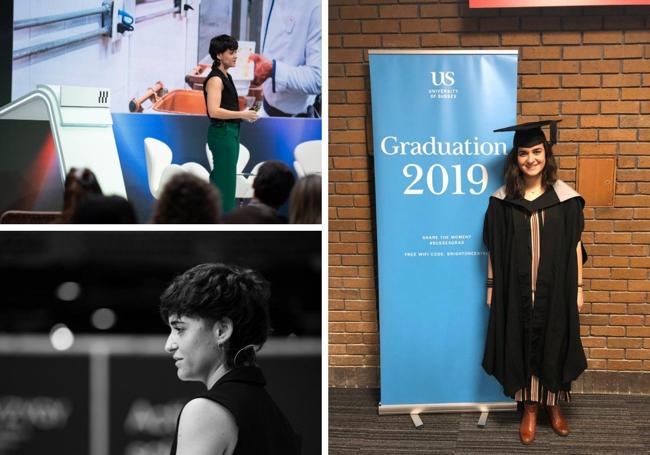 Laura Franco durante unas conferencias y tras la graduación del Máster en la Universidad de Sussex.
