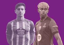 Amallah trata de superar la entrada de Casadó y Lamine, en el partido de ida.