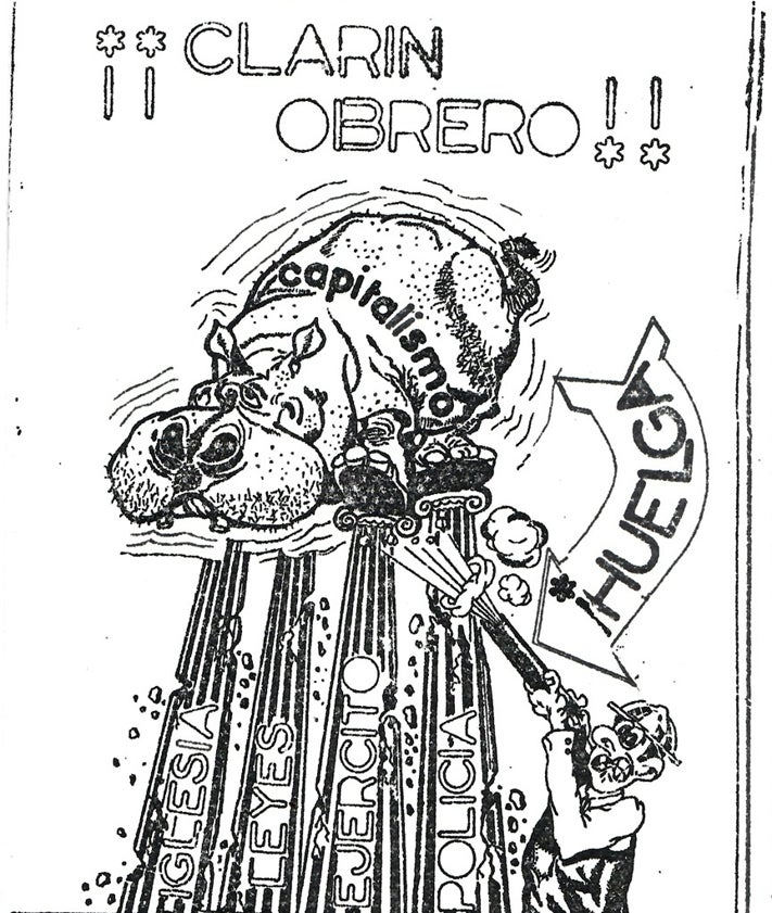 Imagen secundaria 2 - Arriba, Oyagüez, segundo por la izquierda, en la presentación de Tribuna Obrera. Abajo, orden de arresto de octubre de 1974, encabezada por él, y ejemplar de Clarín Obrero, confeccionado por Lucha Obrera, con motivo de las huelgas de FASA-Renault.