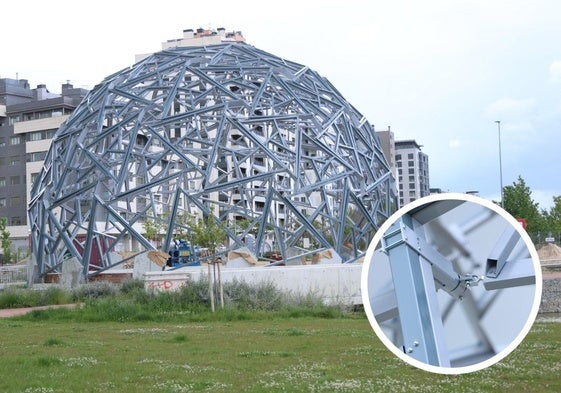 La geoda y, en detalle, los tensores que afianzan la estructura.