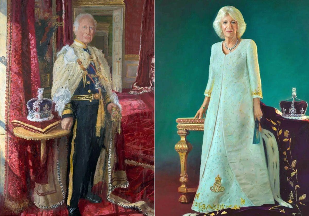 Carlos III y la Reina Camila, retratados por artistas diferentes