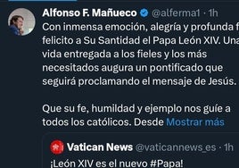 Captura de la publicación en X, antes Twitter, de Alfonso Fernández Mañueco felicitando al nuevo pontífice.