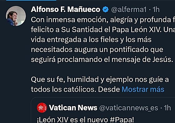 Captura de la publicación en X, antes Twitter, de Alfonso Fernández Mañueco felicitando al nuevo pontífice.