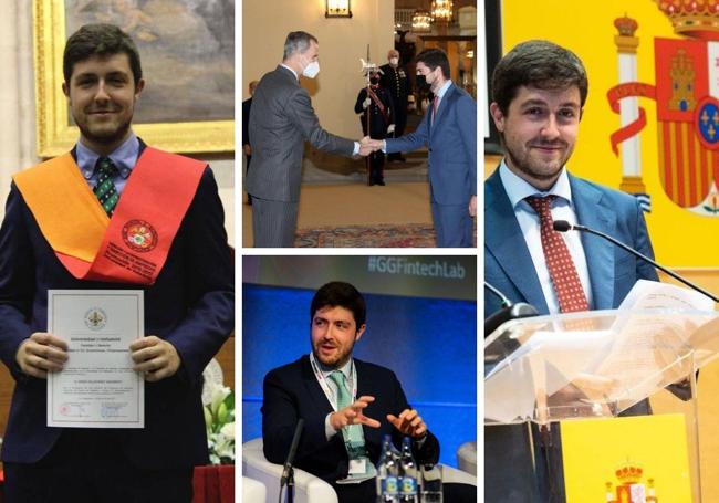 Foto 1.- Diego Villafáñez el día de su graduación en la UVa. Foto 2.- Durante una audiencia de la promoción de Economistas del Estado con el rey de España, Foto 3.- Participando en un evento de finanzas digitales en Dublín. Foto 4.- Durante la toma de posesión de la plaza de funcionario en marzo de 2021.