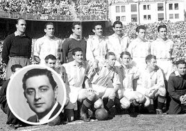 La alineación del Pucela de la final de Copa, en 1950. De pie, Froger, Babot, Saso, Lesmes II, Lesmes I, Ortega y Lasala. Agachados, Ayala (masajista), Revuelta, Coque, Vaquero, Aldecoa, Juanco y Tomás (utilero). En detalle, Juan Represa.