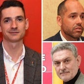 A la izquerda, el secretario de Organización del PSOE de Segovia, Sergio Iglesias, y a la derecha arriba, el alcalde granjeño, Samuel Alonso, y abajo el exregidor, José Luis Vázquez.