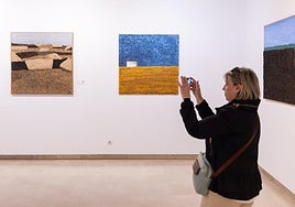 Una visitante fotografía obras de Villapecellín en la sala de Pimentel.