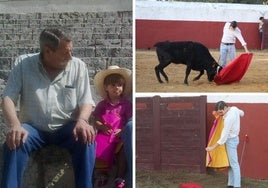 Diego Ortega con su abuelo en una plaza de toros. A la derecha, en un tentadero preparando la temporada.
