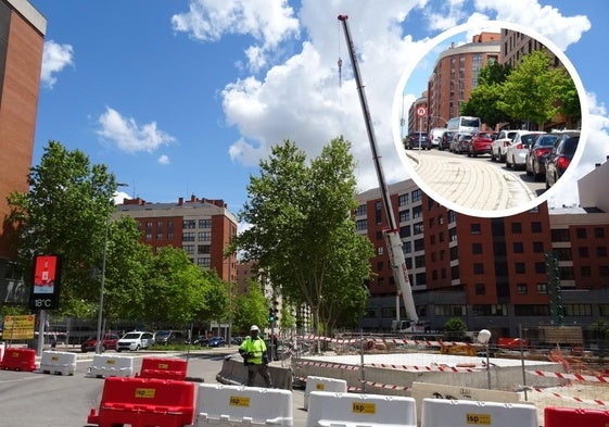 Corte de la calle José Garrote Tebar para montar la grúa para construir el bloque de pisos que cerrará la plaza Marcos Fernández y detalle de los atascos en Ciudad de la Habana.
