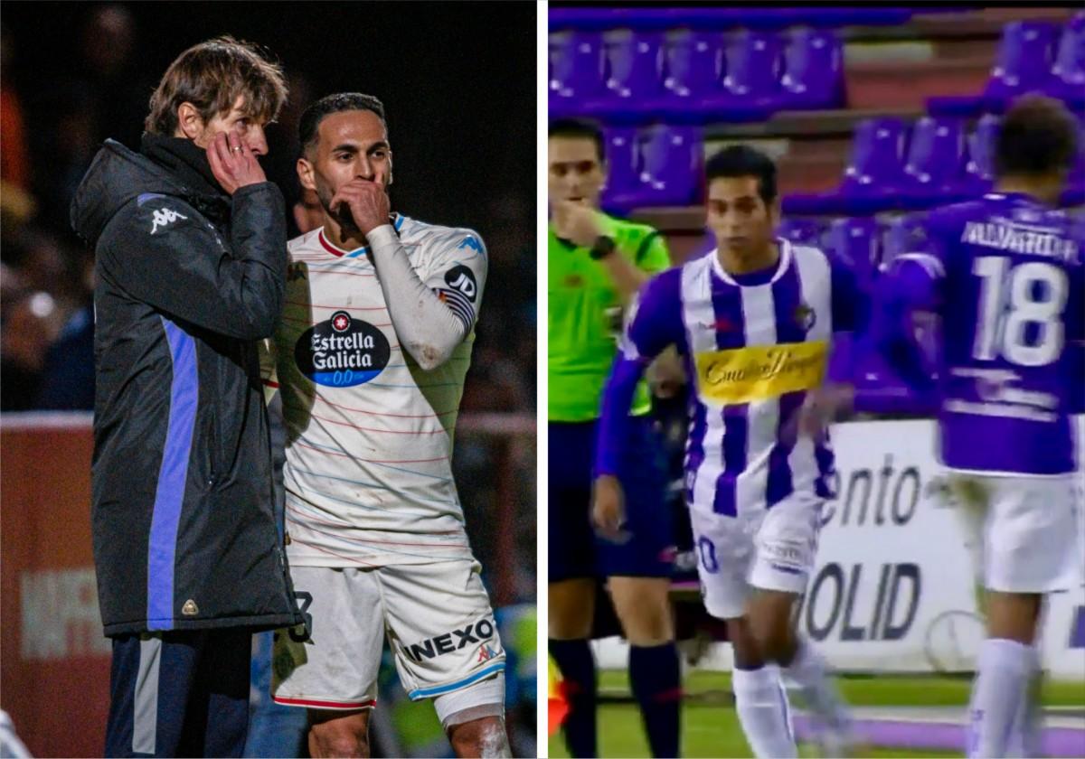 Álvaro Rubio habla con Anuar en un partido de esta temporada. A la derecha, debut de Anuar con el primer equipo del Real Valladolid en octubre 2014 tras suplir a Rubio sobre el césped en un partido de Copa ante el Girona.