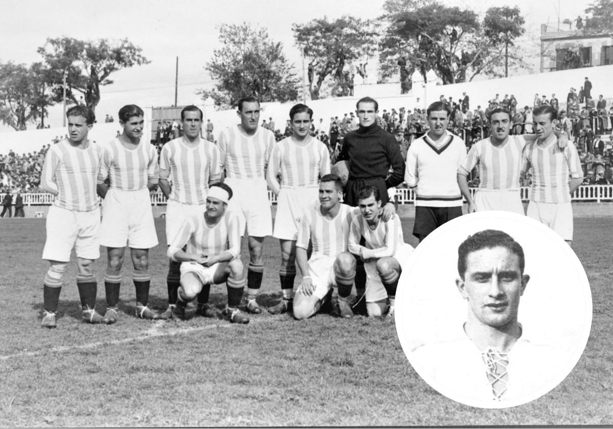 Formación del Valladolid de la temporada 1932-33 en el madrileño campo de El Parral. Sañudo, también en detalle, es el quinto de los de arriba, entre Antón y el guardameta Irigoyen.