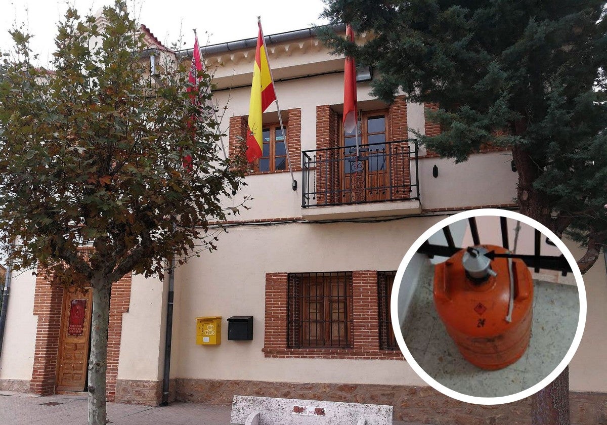 Fachada del Ayuntamiento de Santo Tomé del Puerto y bombona que se utilizó para intentar la explosión.