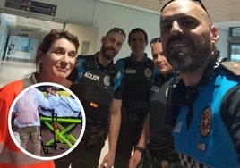 Los policías Ángel Barrios, Borja Sánchez, Sergio Martín y Marcos Sánchez junto a la doctora del equipo médico.